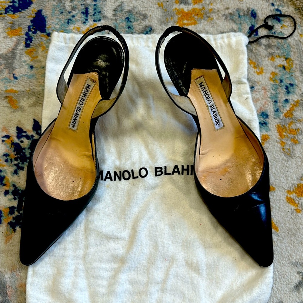 Manolo Blahnik slingback 37 1/2 navy with dust bag excellent condition.